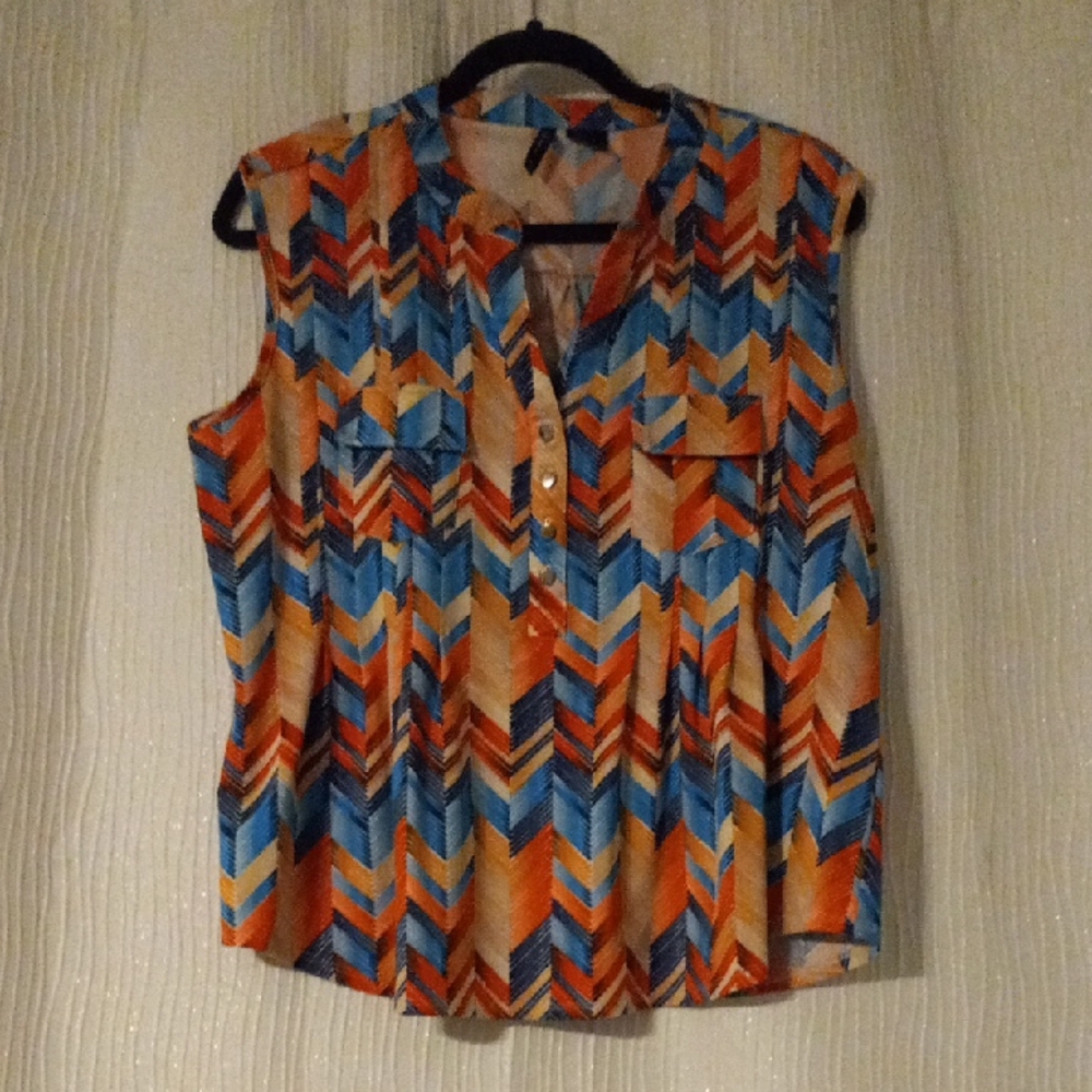 Sleeveless Chevron Print Blouse - Orange & Blue
